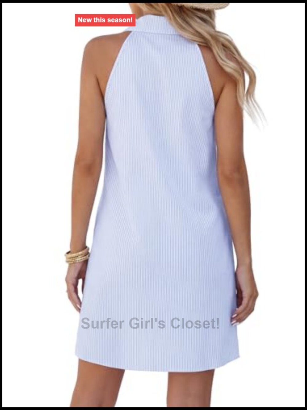 Women's Striped Collared Mini Beach Dress, Sleeveless A-Line Casual Vacation - Picture 5 of 7
